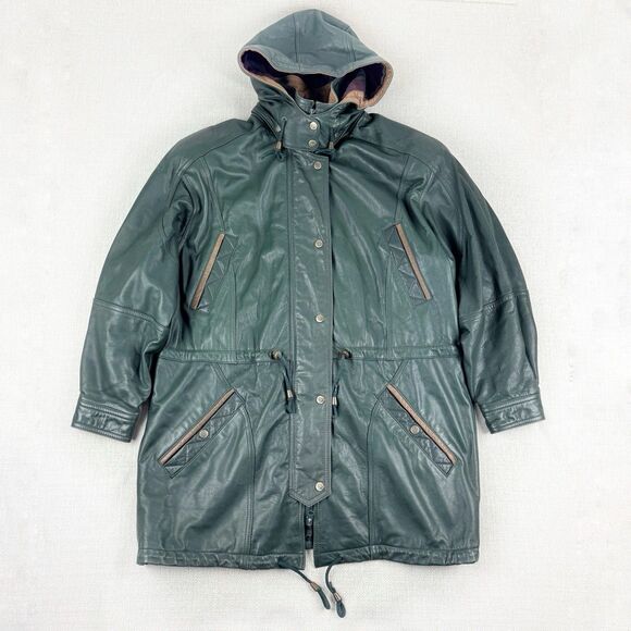 Vintage Verducci Soft Green Leather Jacket Women's 90s Hooded Lined Coat Large - Picture 1 of 16